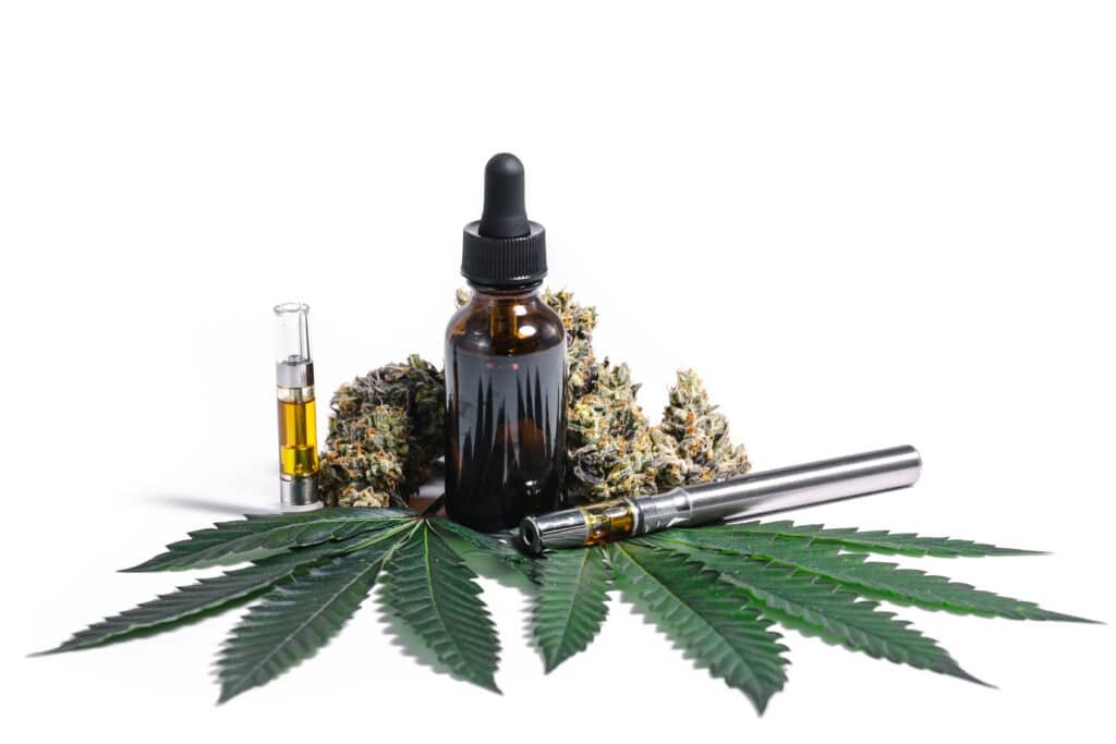 Medical,Marijuana,White,Display,Of,Cbd,Hemp,Oil,Buds,Leaves